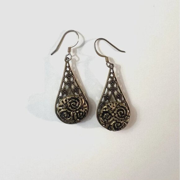 Handmade Vintage Bronze Filigree Teardrop Earrings with Antique Button - Picture 1 of 3